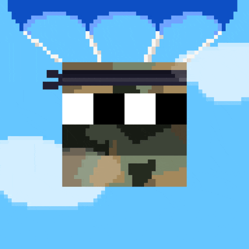 a pixel art drawing of a soldier flying through the air with a parachute