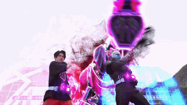 a man is fighting a robot in a video game while another man is standing in front of a giant robot .