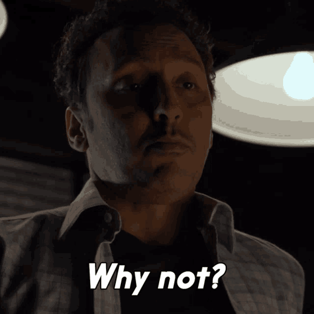 a man in a plaid shirt is asking why not