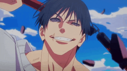 a close up of a man 's face with a sword in his hand and a blue sky in the background .