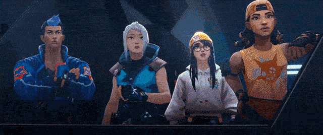 a group of video game characters are standing next to each other