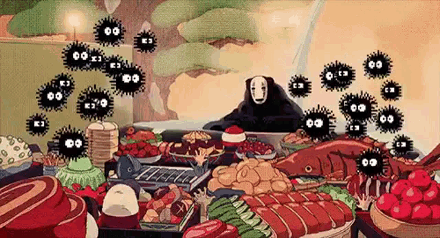 a cartoon illustration of a table filled with lots of food and a ghost with no face .