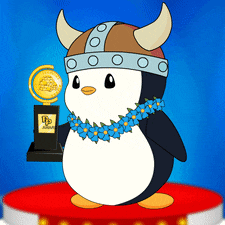 a penguin wearing a viking helmet is holding a trophy that says up award