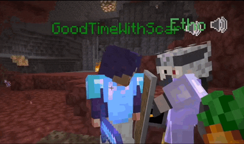 two minecraft characters standing next to each other with the words goodtimewithso written in green