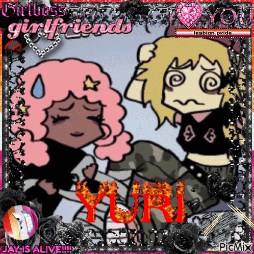 a picture of two girls with yuri written in red