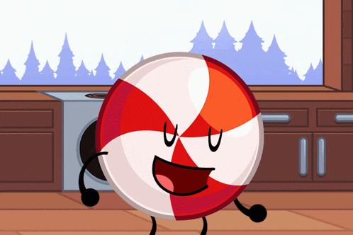 a red and white candy with arms and legs is standing in a kitchen