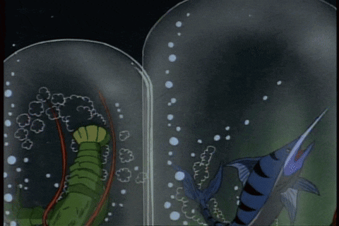 a cartoon drawing of a fish and a caterpillar in a glass dome
