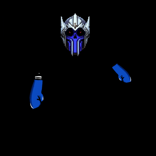 a black background with a blue glove and a blue helmet