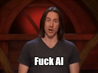 a man in a black shirt is pointing at the camera and the words fuck ai are above him
