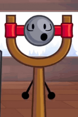 a cartoon character holding a slingshot with a surprised face on it