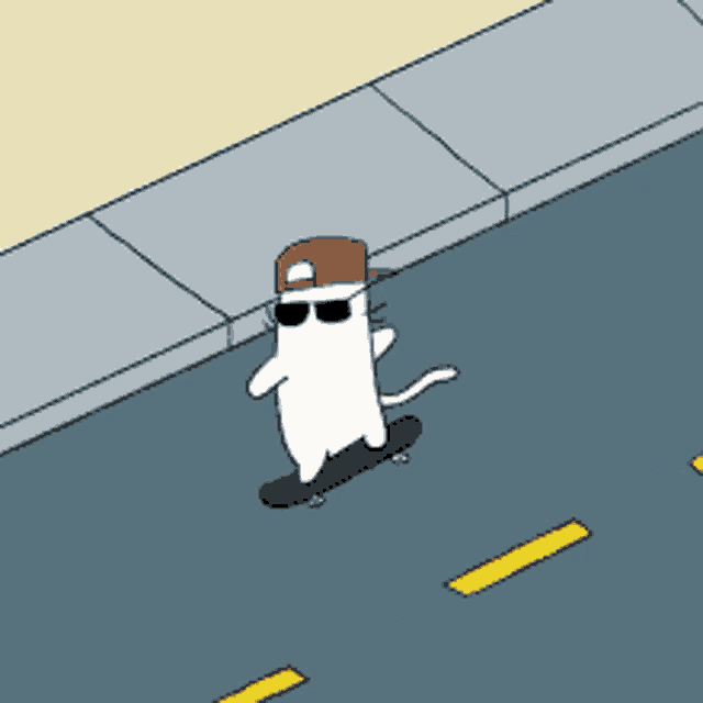 a cat wearing sunglasses is laying on the sidewalk next to a skateboard and a briefcase