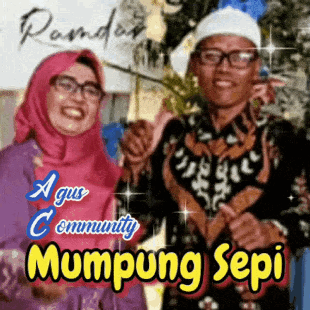 a man and a woman are standing next to each other in front of a sign that says mumpung sepi