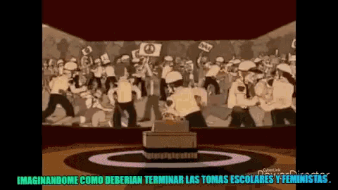 a cartoon of a crowd of people with the words " imaginandome como deberian terminar las tomas escolares "