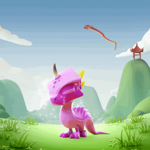 a cartoon illustration of a purple dragon with a red dragon flying in the background