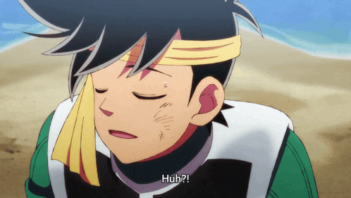 a cartoon character with a bandage on his head says " huh "