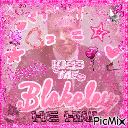 a man in a suit is surrounded by pink hearts and butterflies and says kiss me