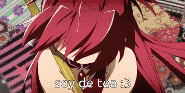 a close up of a girl with red hair and the words soy de tea