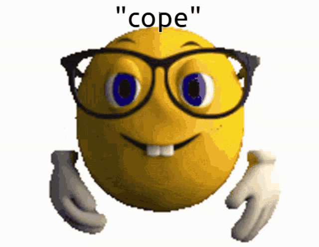 a yellow smiley face with glasses and the words " cope " written above it