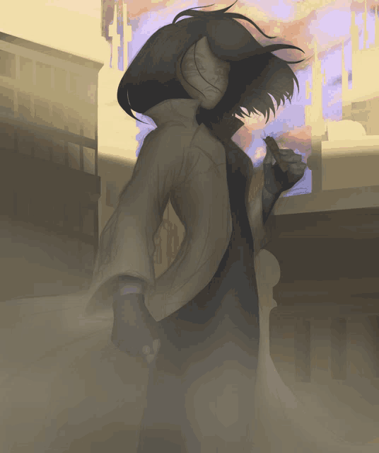 a drawing of a woman with horns standing in a foggy area