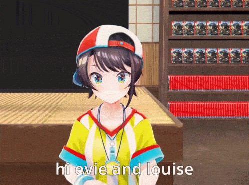 a cartoon girl says hi evie and louise in front of a bookshelf