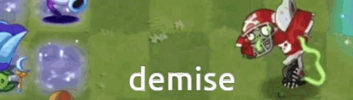 a cartoon of a football player with the word demise in white letters