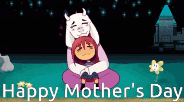 a happy mother 's day greeting card with a cartoon character hugging a child