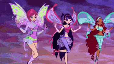 a group of three cartoon characters are standing next to each other with their wings outstretched .