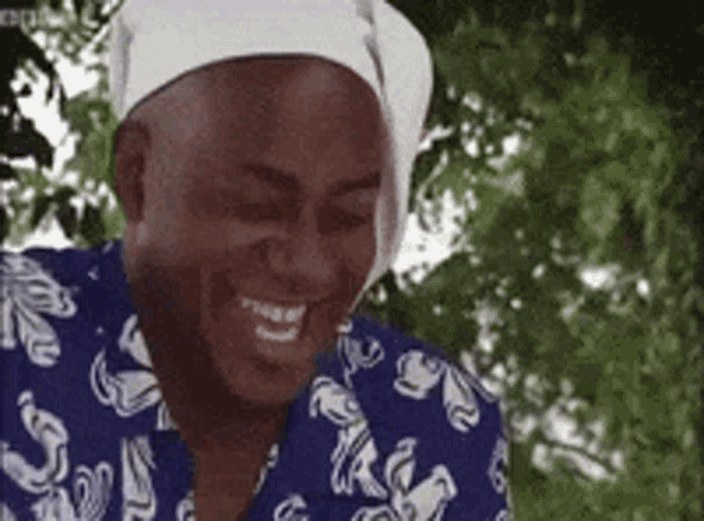 a man wearing a blue and white shirt and a white hat is smiling .