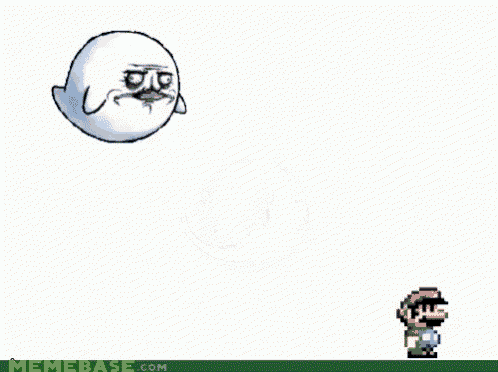 a cartoon of mario standing next to a ghost that has a face on it