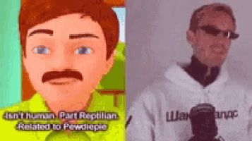 a cartoon character with a mustache is next to a real man with sunglasses
