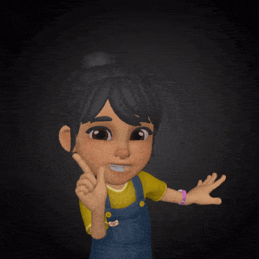 a cartoon girl wearing overalls and a yellow shirt points up