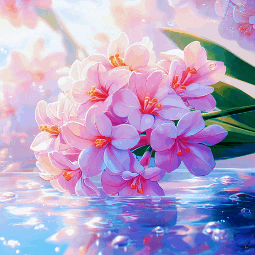 a painting of a bunch of pink flowers in the water