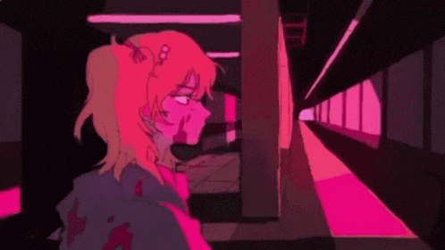 a cartoon of a girl with pink hair and a purple jacket .