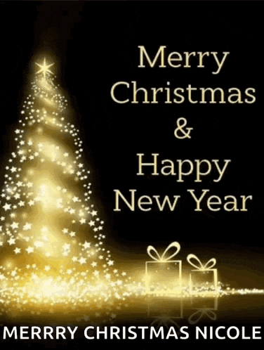 a merry christmas and happy new year greeting card with a gold christmas tree