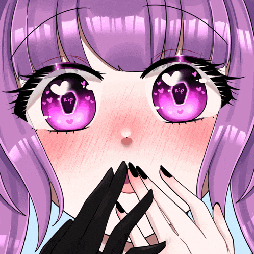 a drawing of a girl with purple hair and a coffin in her eyes that says rip