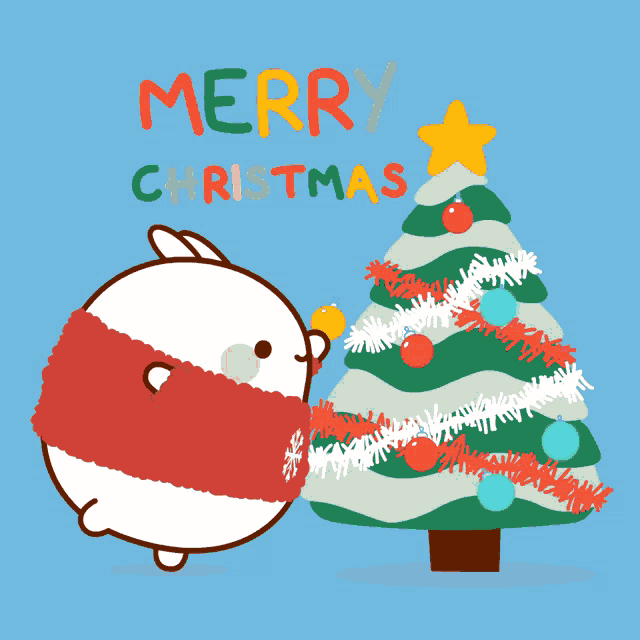a merry christmas card with a christmas tree and a rabbit