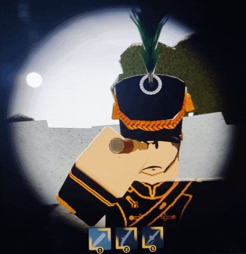 a cartoon of a man with a feathered hat holding a cannon in his hand