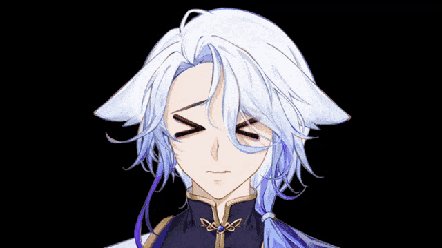 a cartoon character with white hair and purple highlights is making a sad face