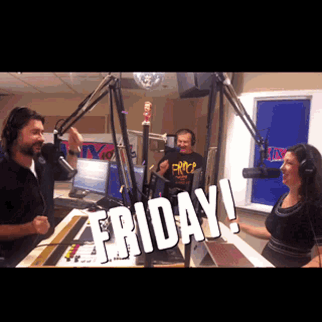 a group of people in front of a microphone with friday written on the top