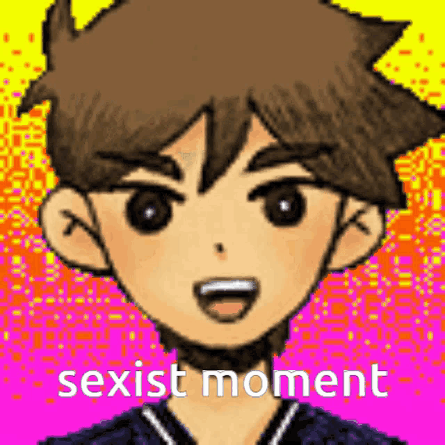 a pixel art of a boy 's face with the words sexist moment written below it .