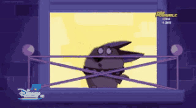 a cartoon character is tied to a window with a purple string