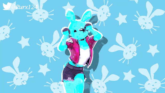 a drawing of a blue bunny with the twitter username @ purx124