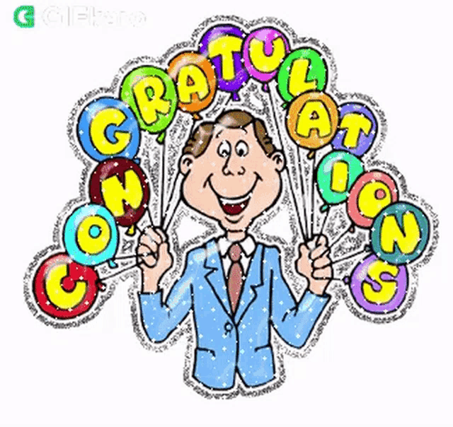 a cartoon of a man holding balloons with the word gratulation written on them
