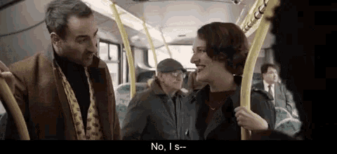 a man and a woman are talking on a bus and the woman says no i s