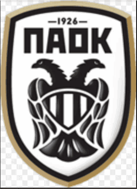 a black and white shield with the word paok in black letters