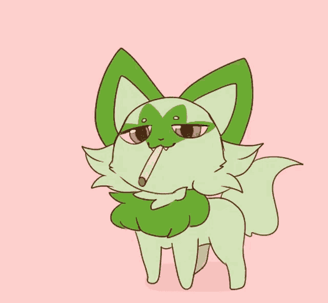 a cartoon drawing of a green cat smoking a cigarette on a pink background .