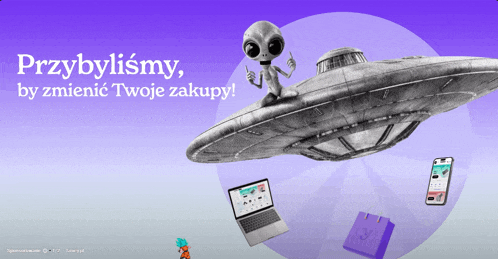 an alien is sitting on top of a flying saucer surrounded by shopping bags