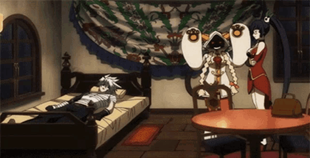 a man is laying on a bed in a room with two anime characters