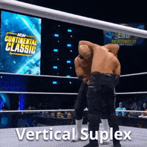 two men are wrestling in a ring and the words vertical suplex are on the screen