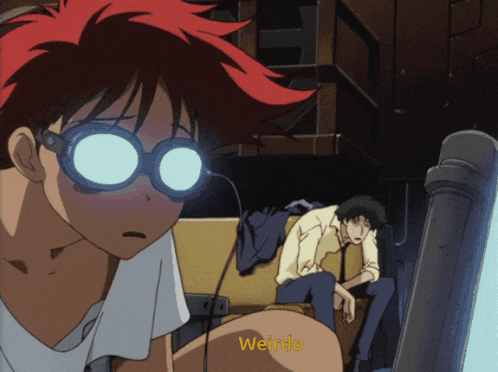 a cowboy bebop scene with the word weirdo in yellow